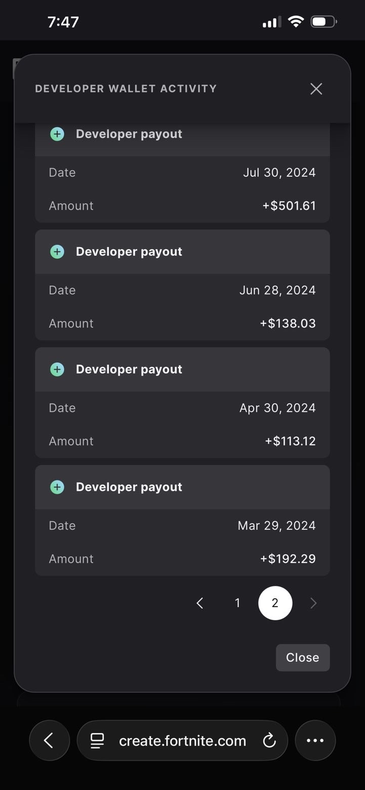 Developer wallet activity showing payouts in March, April, June and July 2024, including $501.61 USD on July 30.
