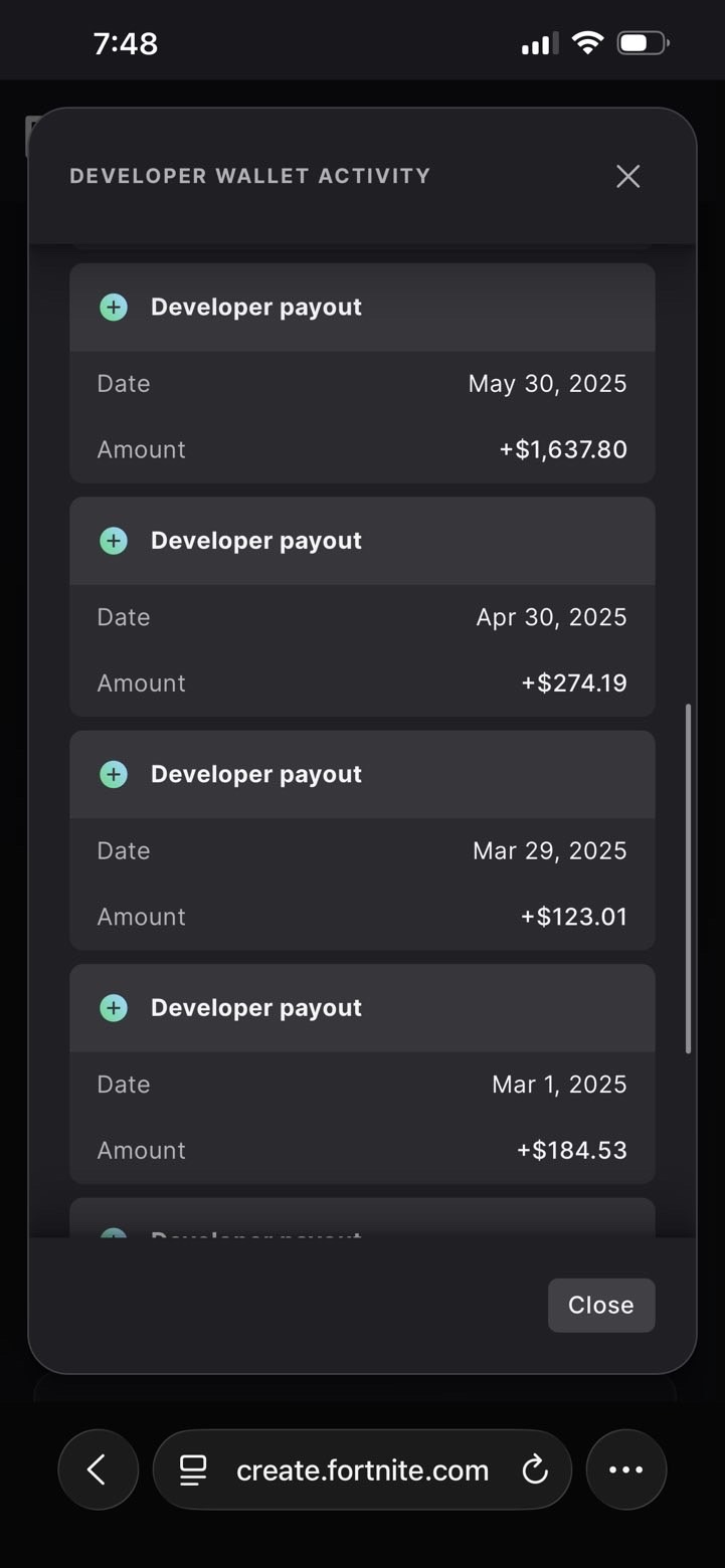 Developer wallet activity showing March, April and May 2025 payouts, including $1,637.80 USD on May 30.